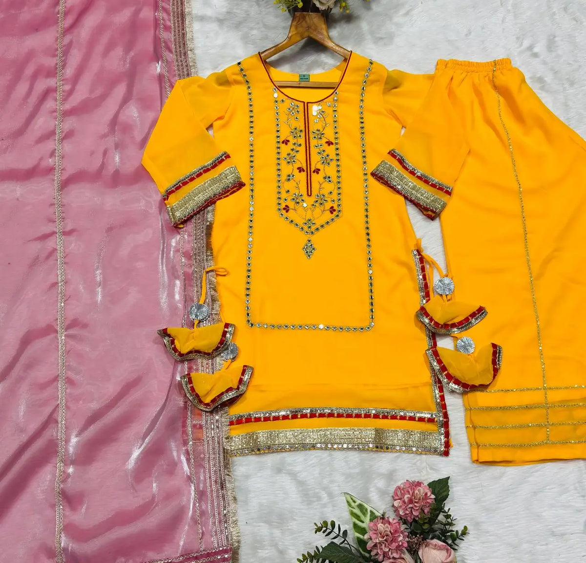 Organza Silk Sharara Set With Mirror Embroidery