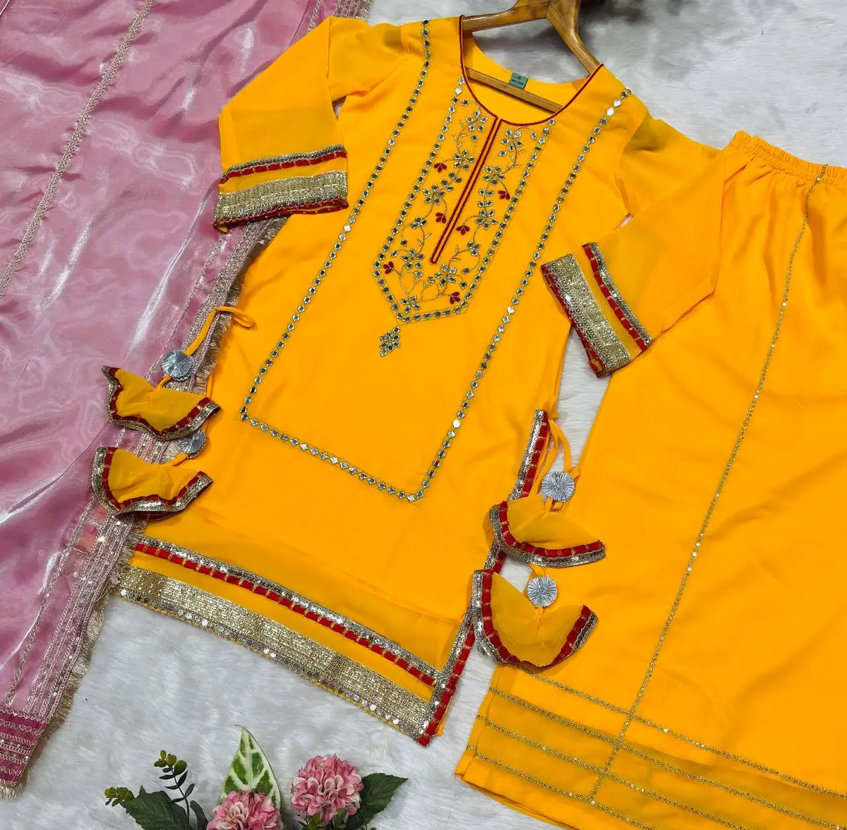 Organza Silk Sharara Set With Mirror Embroidery