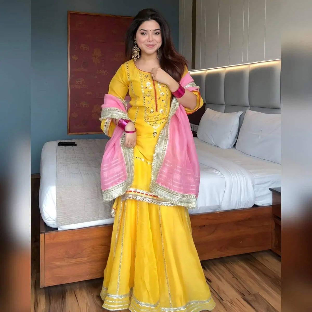 Organza Silk Sharara Set With Mirror Embroidery