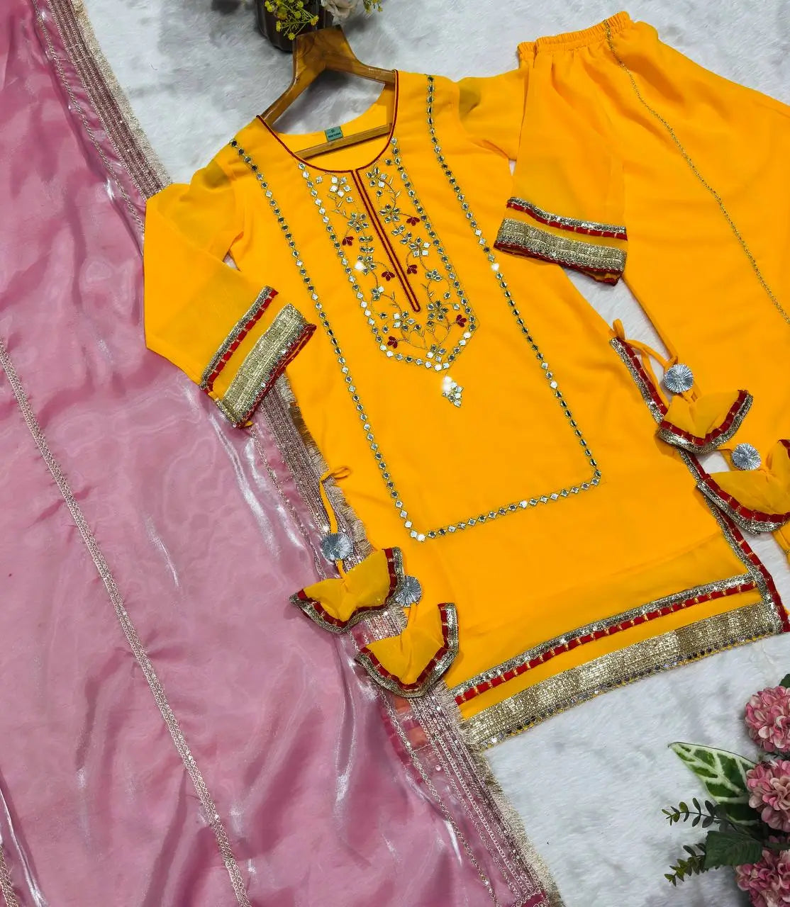 Organza Silk Sharara Set With Mirror Embroidery