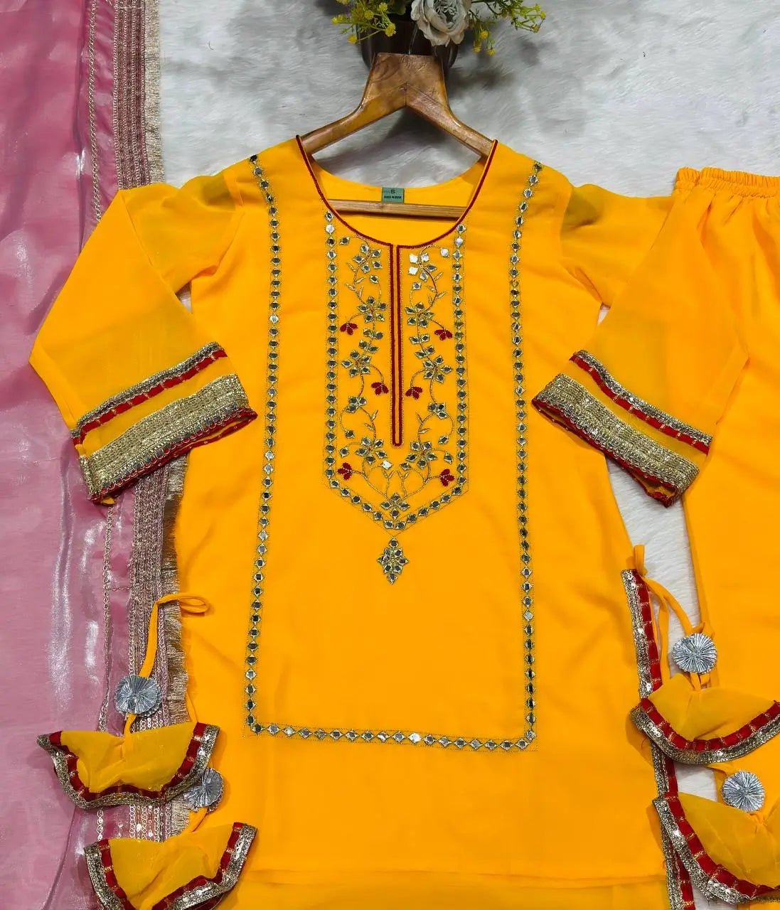 Organza Silk Sharara Set With Mirror Embroidery