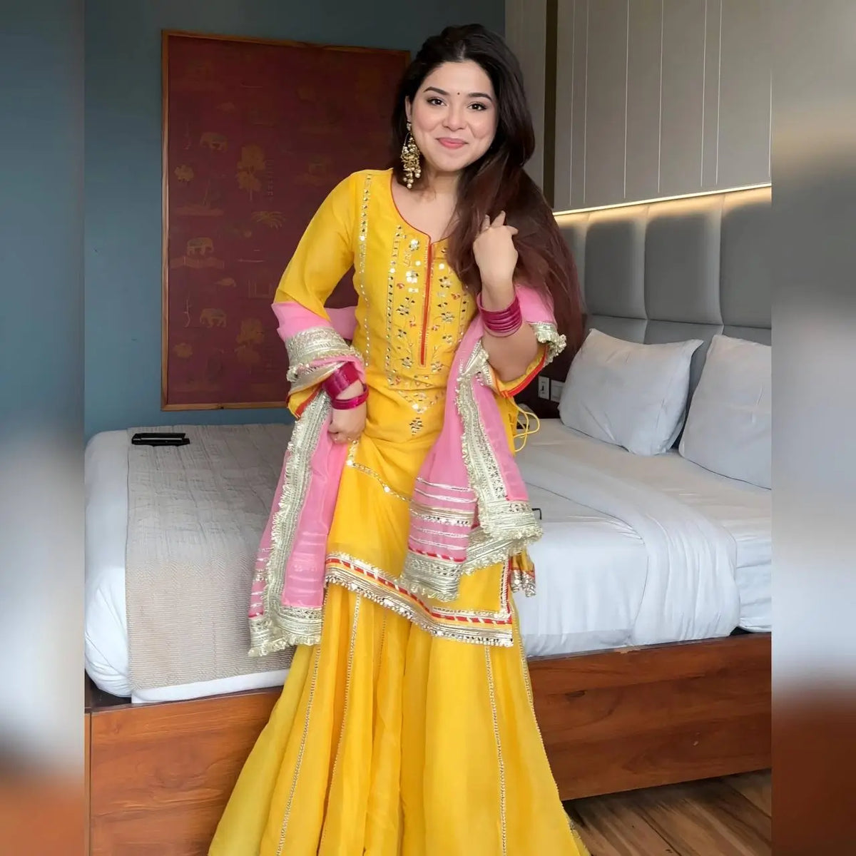 Organza Silk Sharara Set With Mirror Embroidery