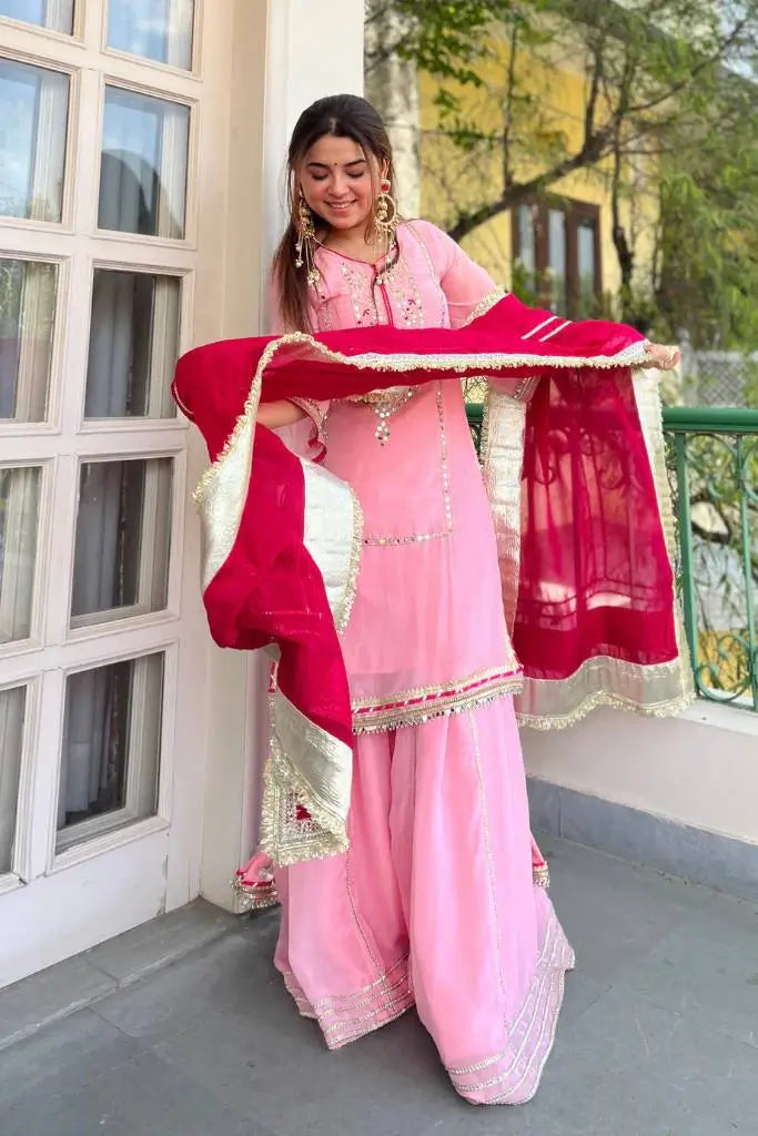 Organza Silk Sharara Set With Mirror Embroidery