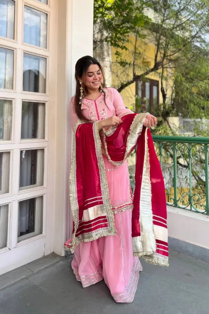 Organza Silk Sharara Set With Mirror Embroidery