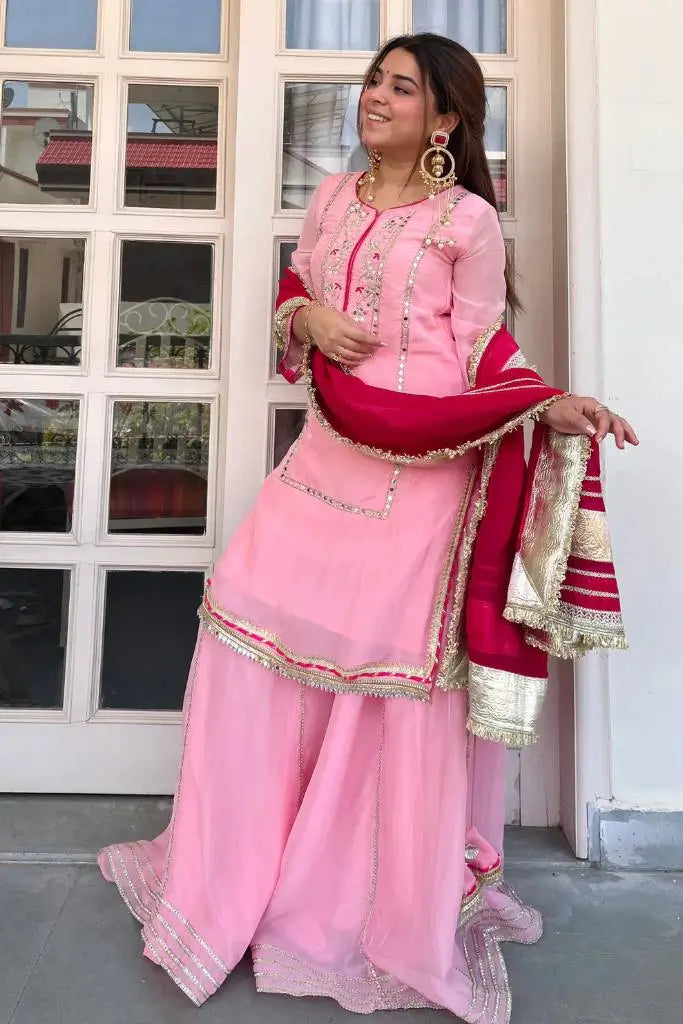 Organza Silk Sharara Set With Mirror Embroidery