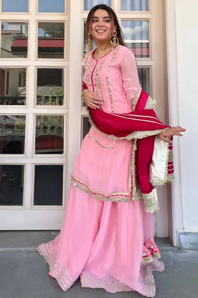 Organza Silk Sharara Set With Mirror Embroidery