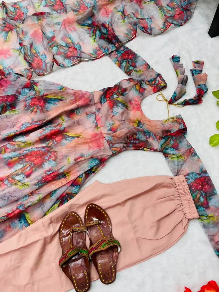 Organza Taby Silk Digital Print Gown Set with Dupatta & Bottom