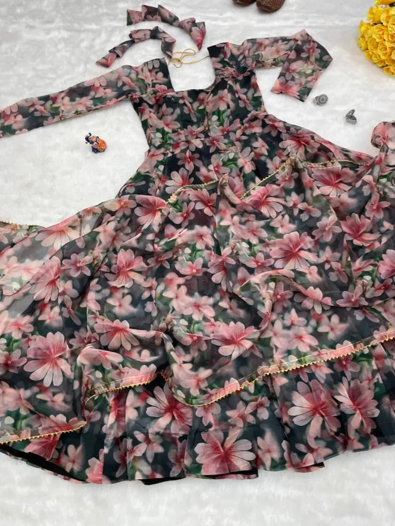 Organza Taby Silk Digital Print Gown Set with Dupatta & Bottom