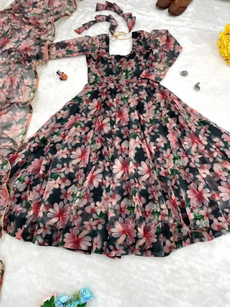 Organza Taby Silk Digital Print Gown Set with Dupatta & Bottom