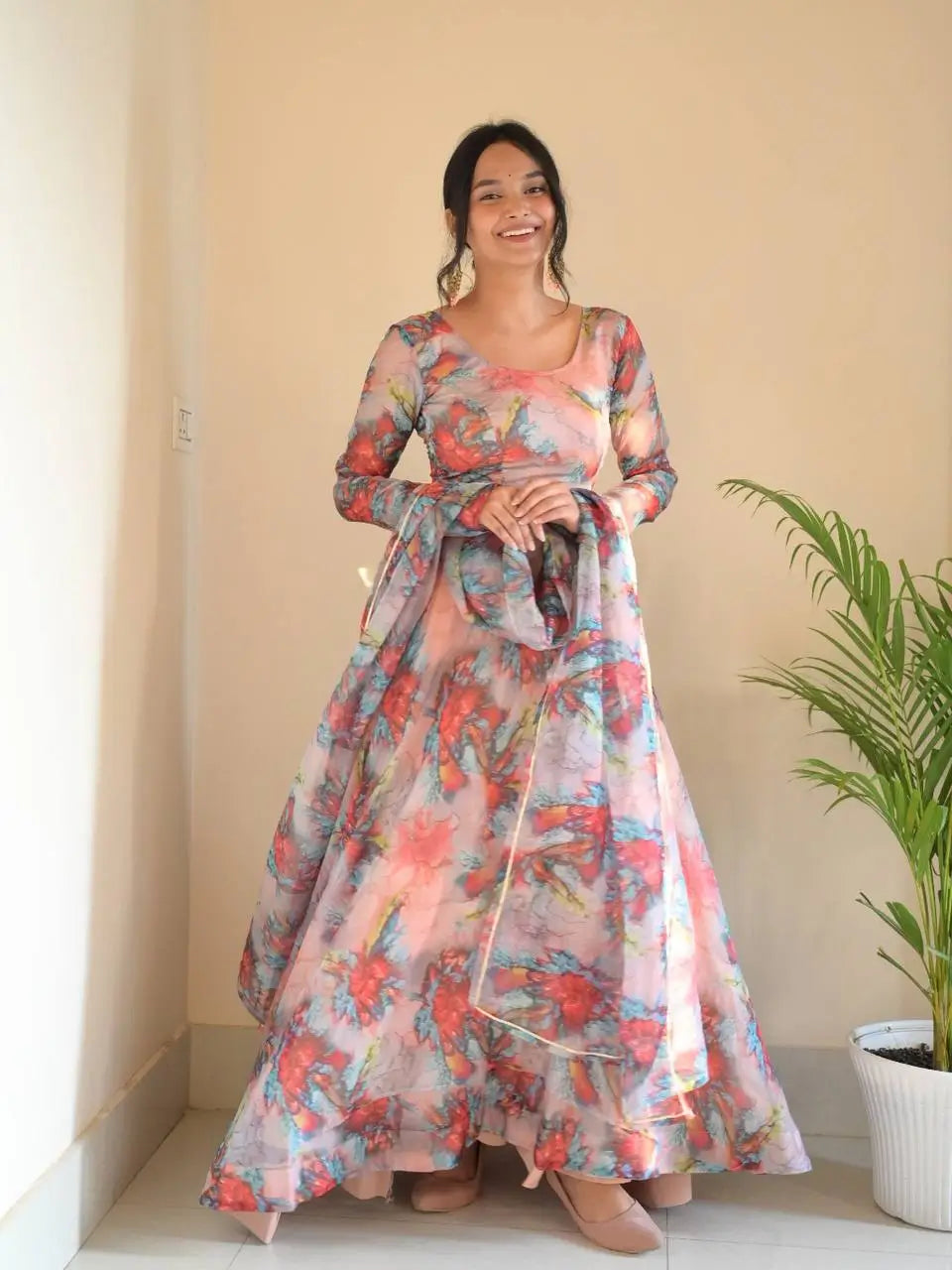 Organza Taby Silk Digital Print Gown Set with Dupatta & Bottom