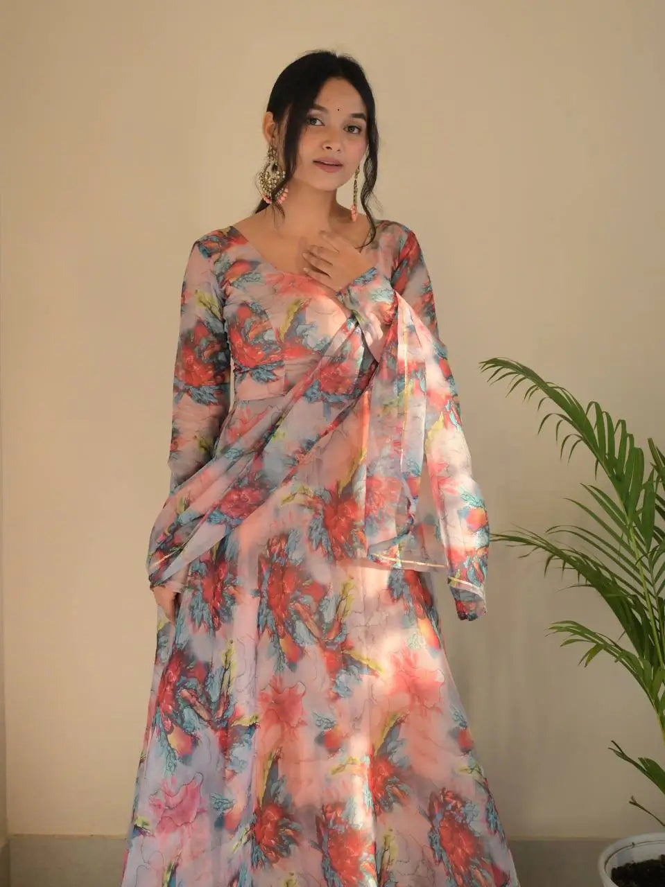 Organza Taby Silk Digital Print Gown Set with Dupatta & Bottom