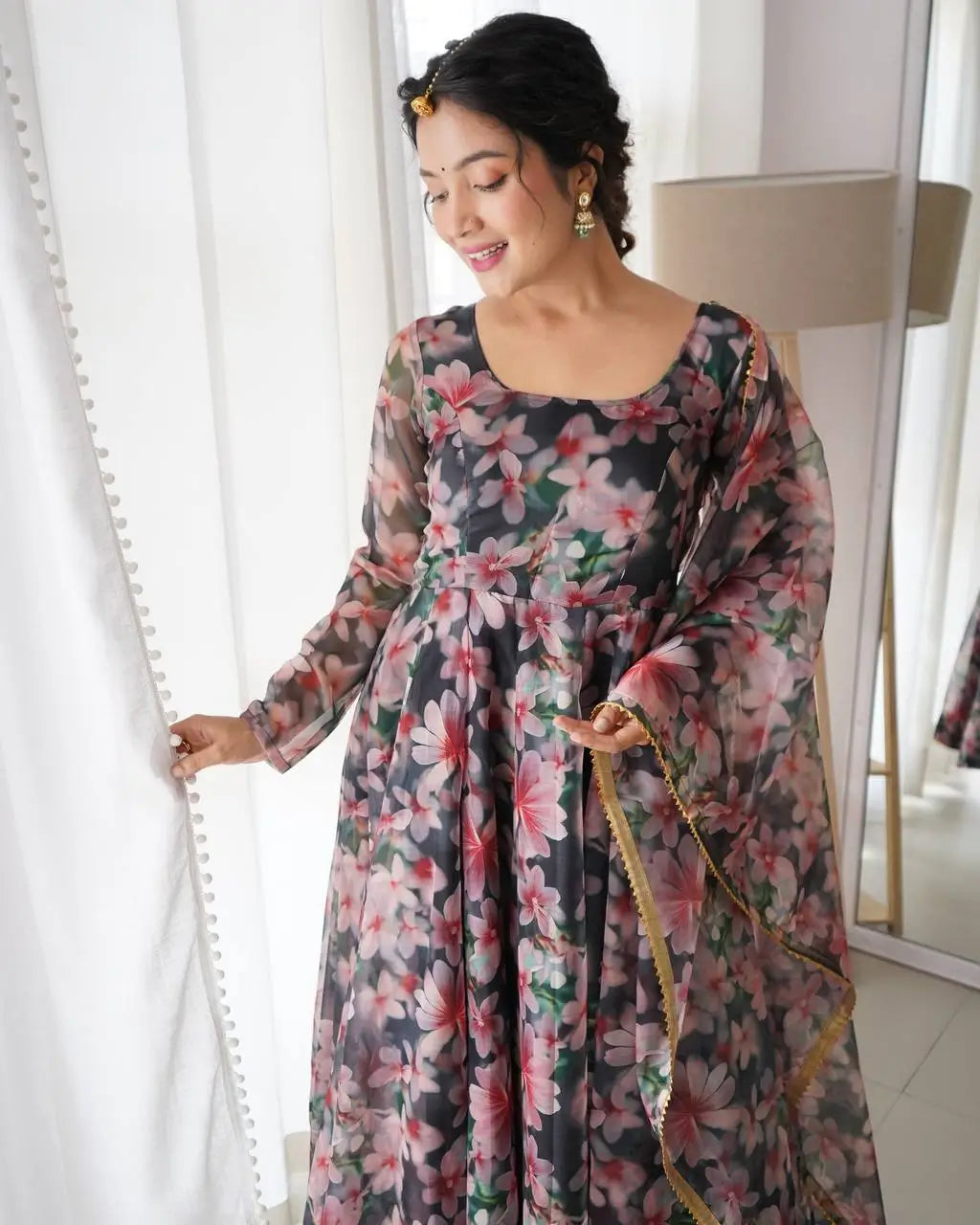 Organza Taby Silk Digital Print Gown Set with Dupatta & Bottom