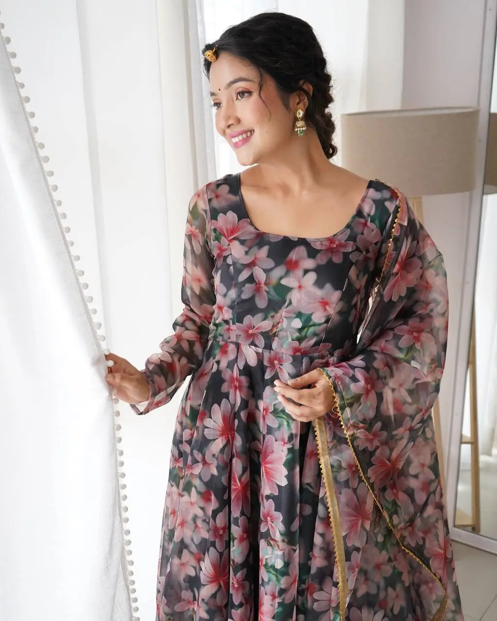 Organza Taby Silk Digital Print Gown Set with Dupatta & Bottom