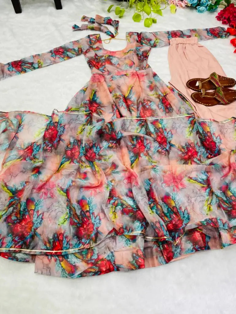 Organza Taby Silk Digital Print Gown Set with Dupatta & Bottom