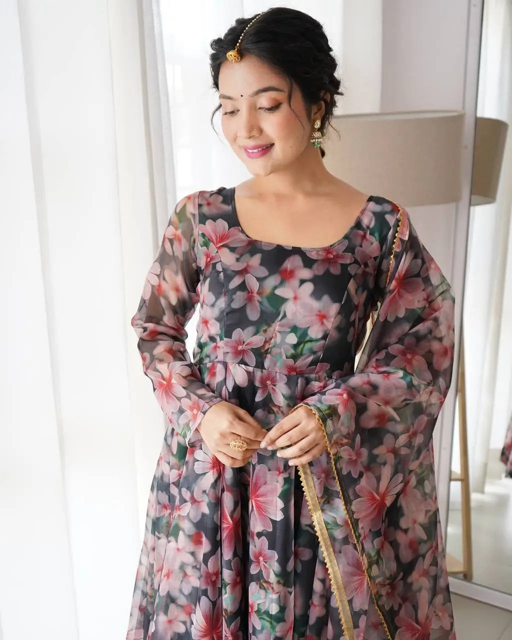 Organza Taby Silk Digital Print Gown Set with Dupatta & Bottom