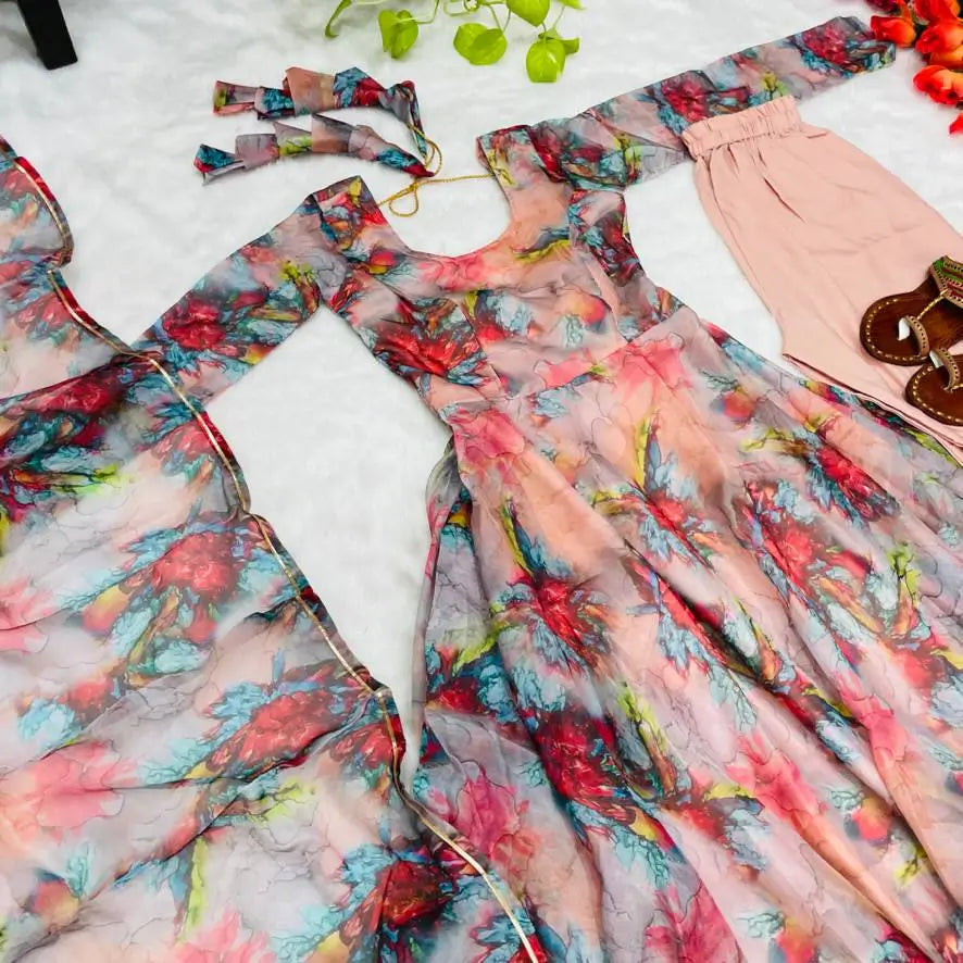 Organza Taby Silk Digital Print Gown Set with Dupatta & Bottom
