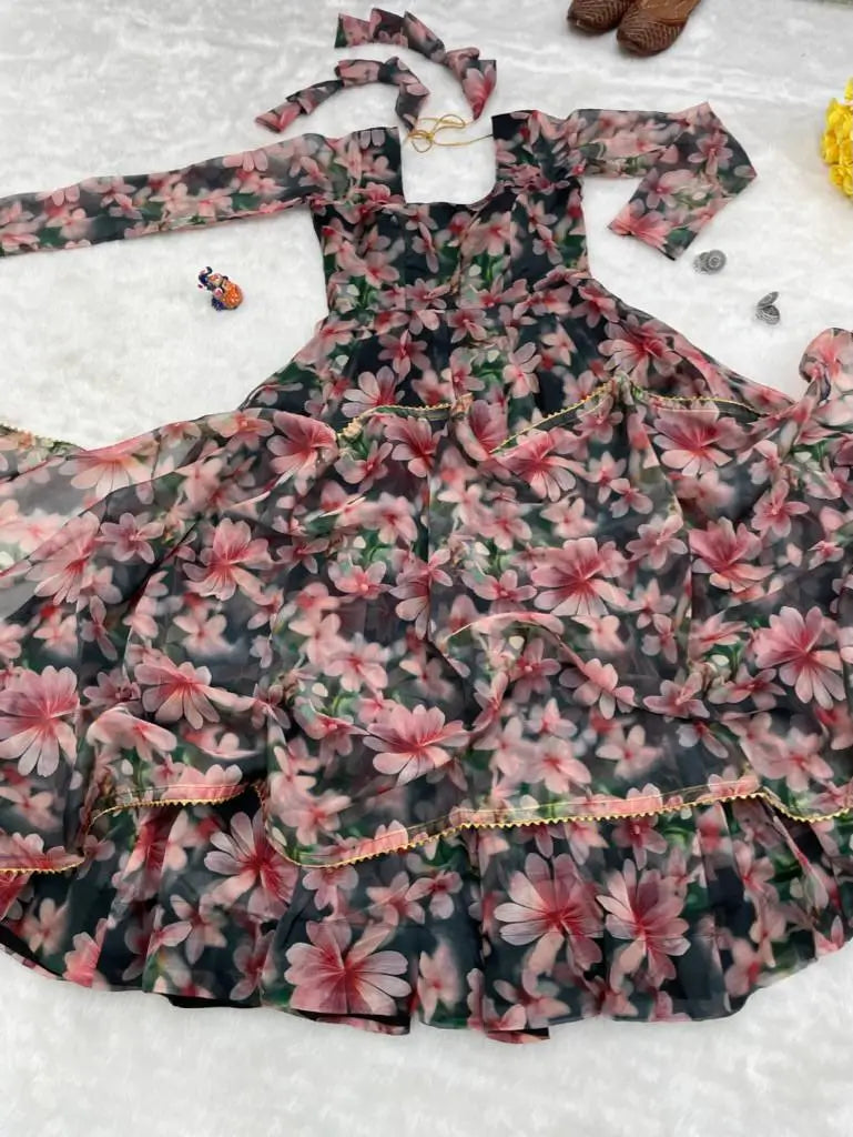 Organza Taby Silk Digital Print Gown Set with Dupatta & Bottom