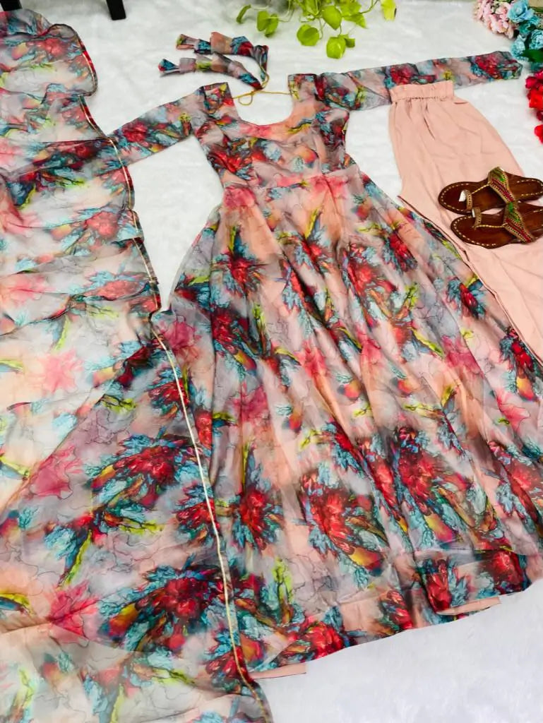 Organza Taby Silk Digital Print Gown Set with Dupatta & Bottom