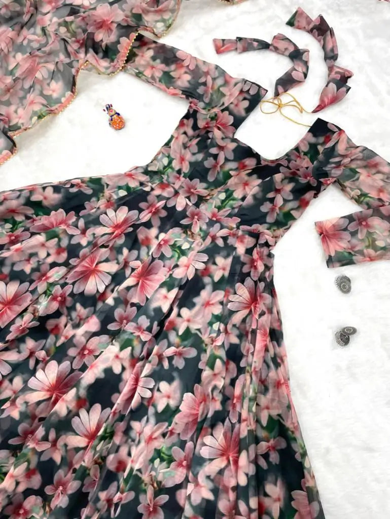 Organza Taby Silk Digital Print Gown Set with Dupatta & Bottom