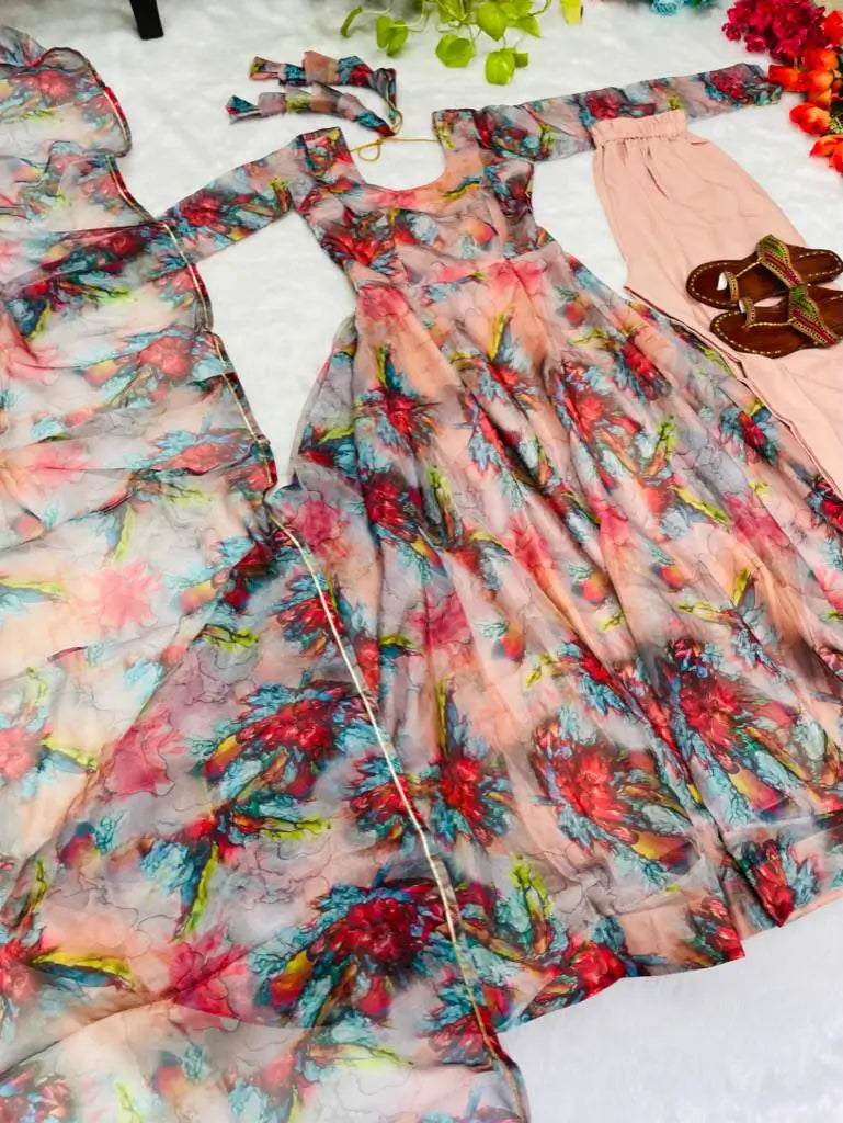 Organza Taby Silk Digital Print Gown Set with Dupatta & Bottom