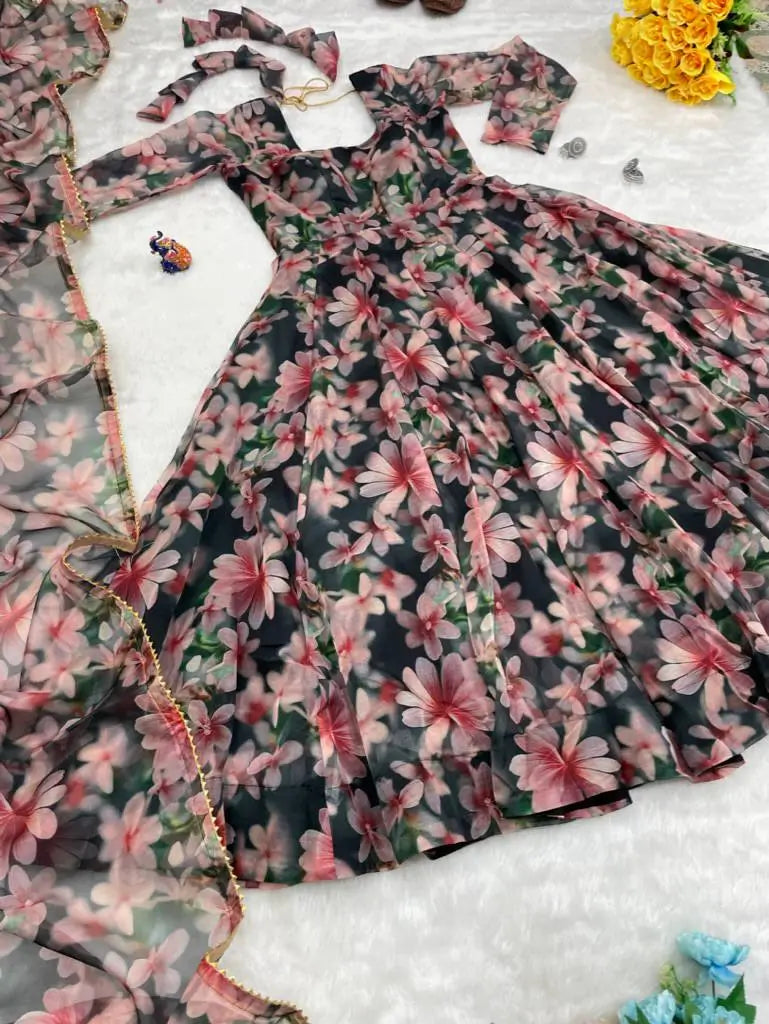 Organza Taby Silk Digital Print Gown Set with Dupatta & Bottom