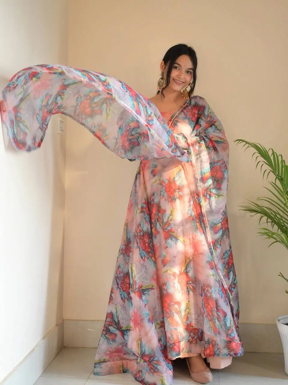 Organza Taby Silk Digital Print Gown Set with Dupatta & Bottom