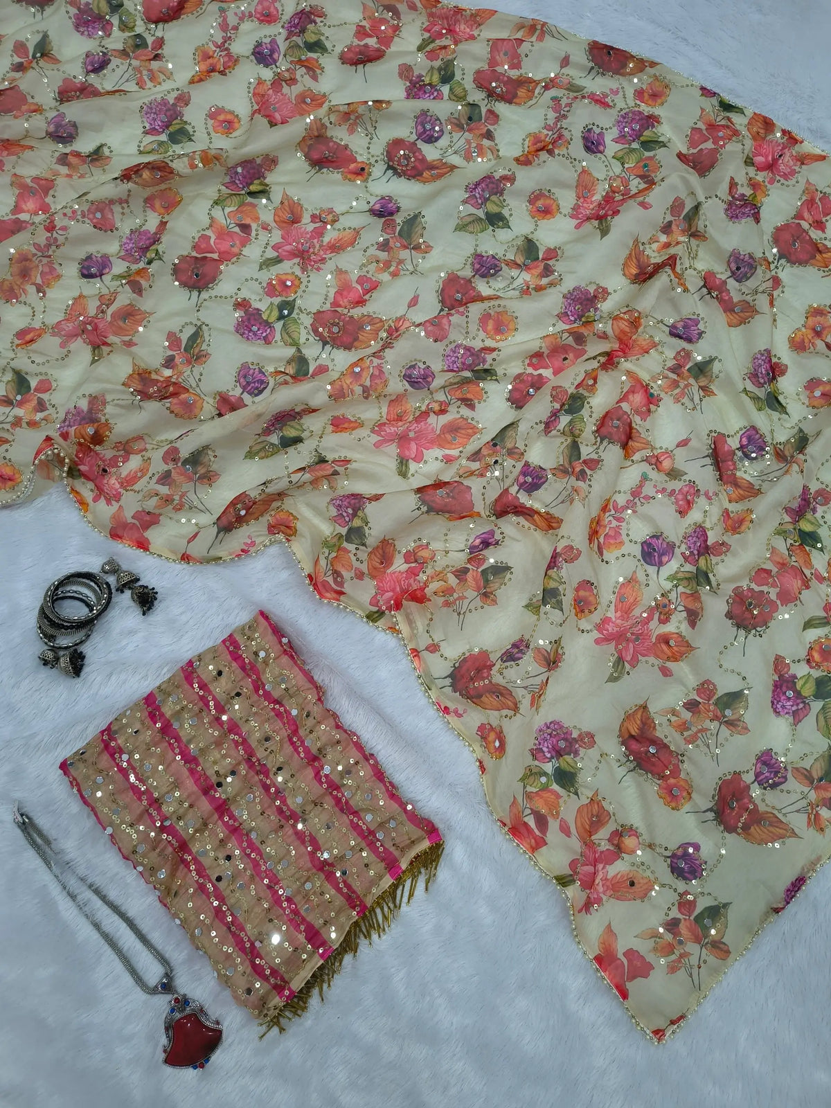 Orgenza Mirror Floral Printed sequence embroidery Saree