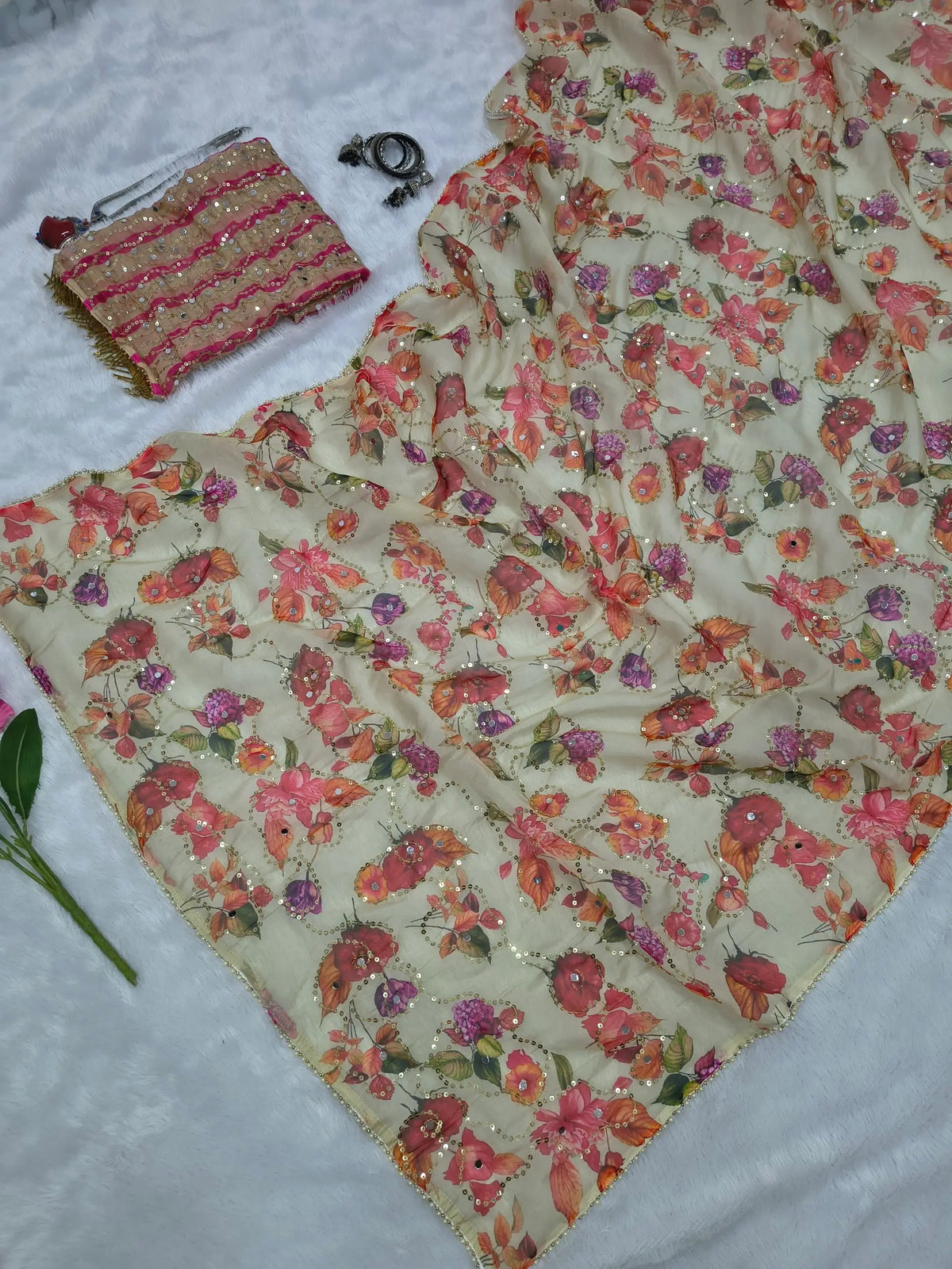 Orgenza Mirror Floral Printed sequence embroidery Saree