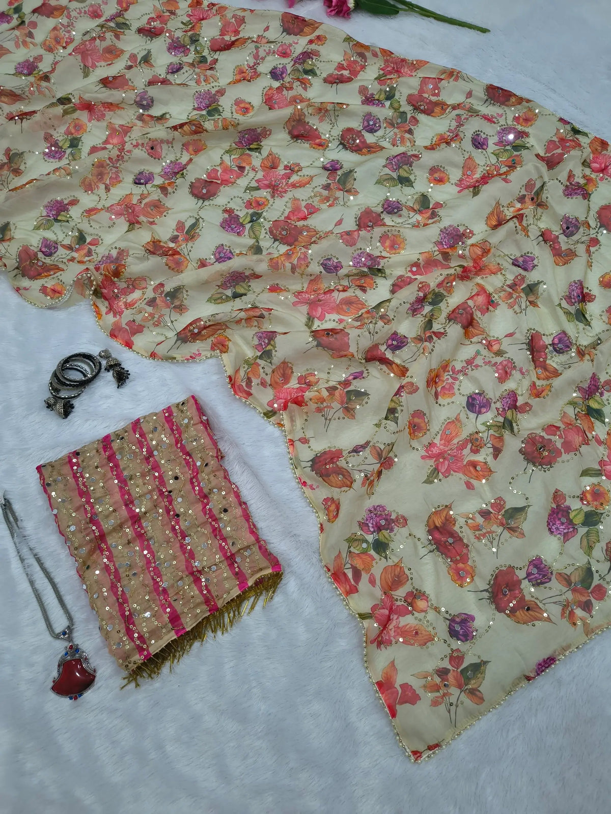 Orgenza Mirror Floral Printed sequence embroidery Saree