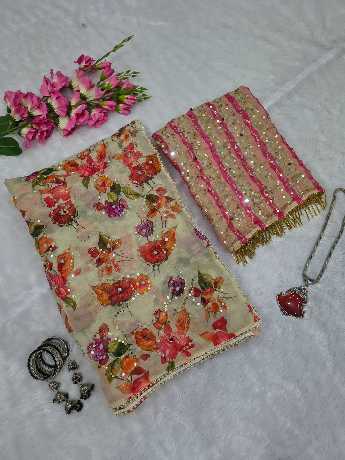 Orgenza Mirror Floral Printed sequence embroidery Saree