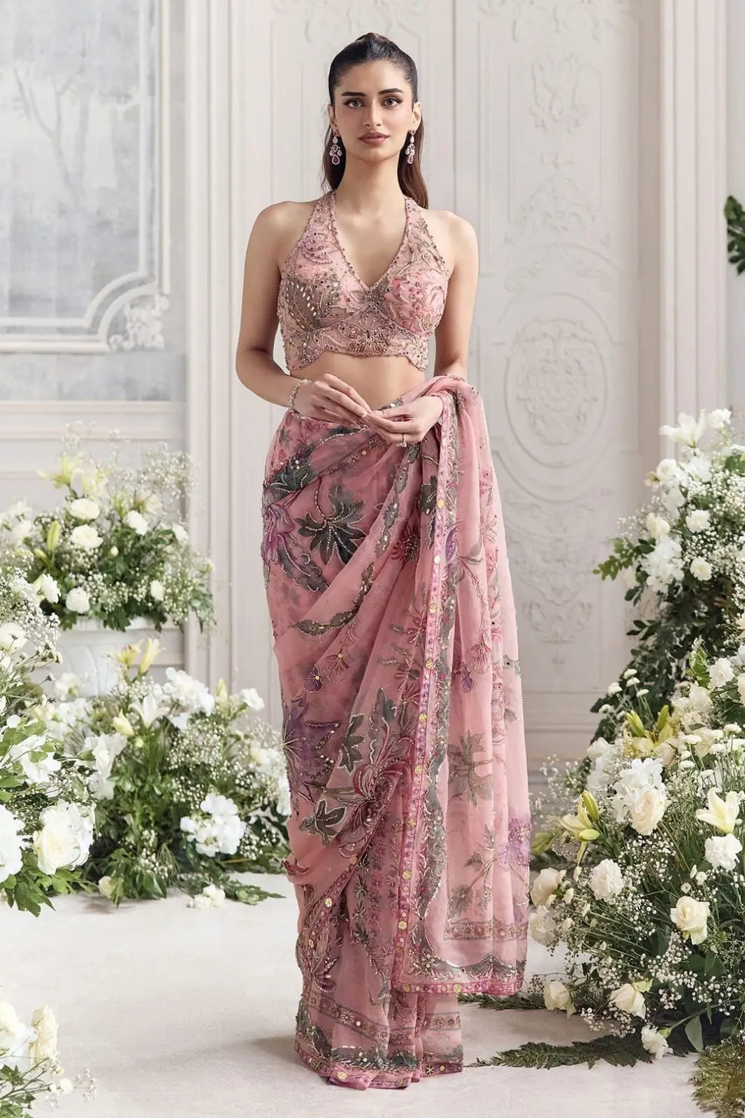 Orgenza Mirror Floral Printed sequence embroidery Saree
