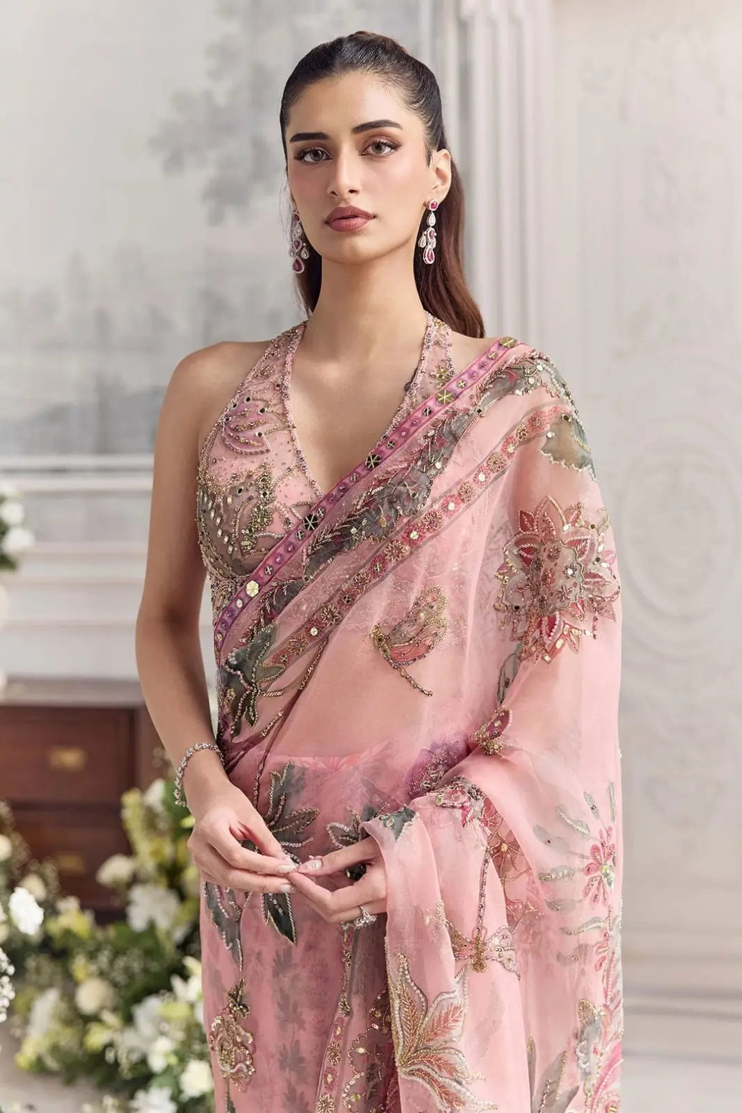 Orgenza Mirror Floral Printed sequence embroidery Saree