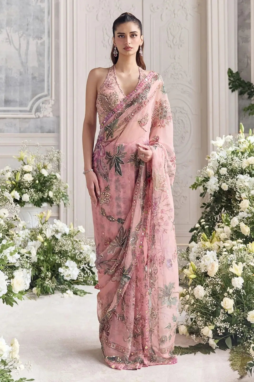 Orgenza Mirror Floral Printed sequence embroidery Saree
