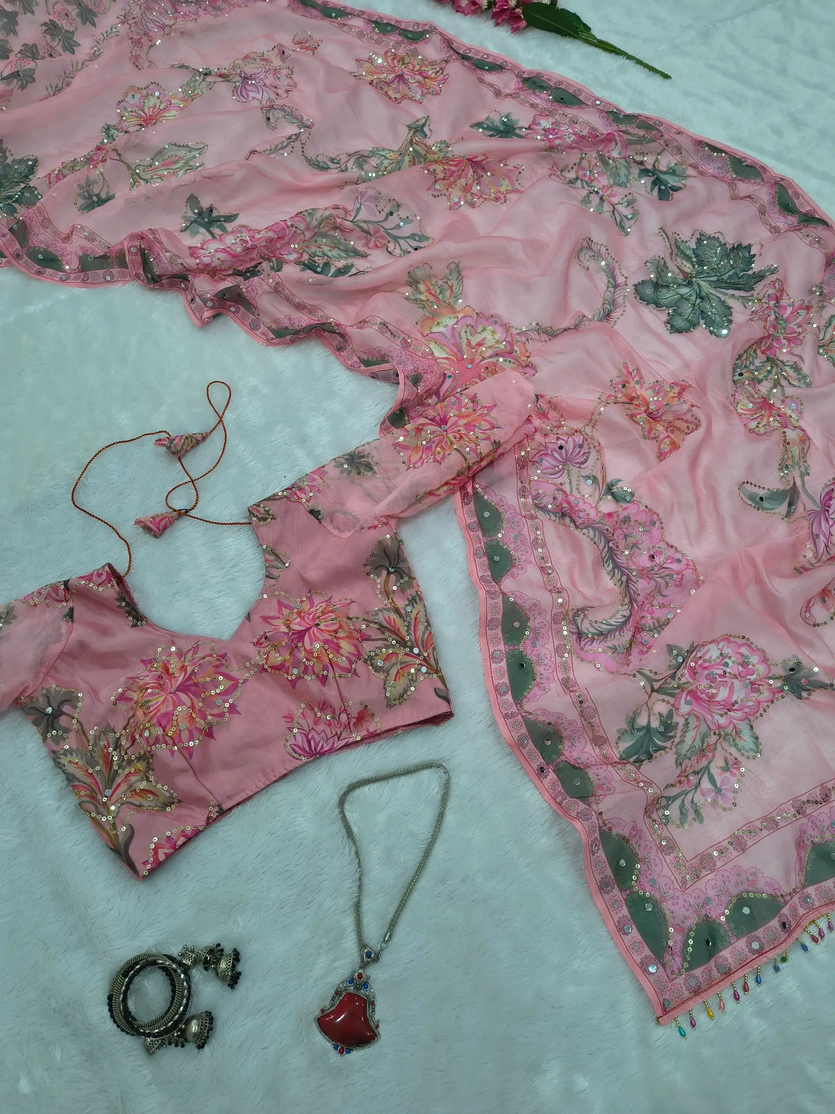 Orgenza Mirror Floral Printed sequence embroidery Saree