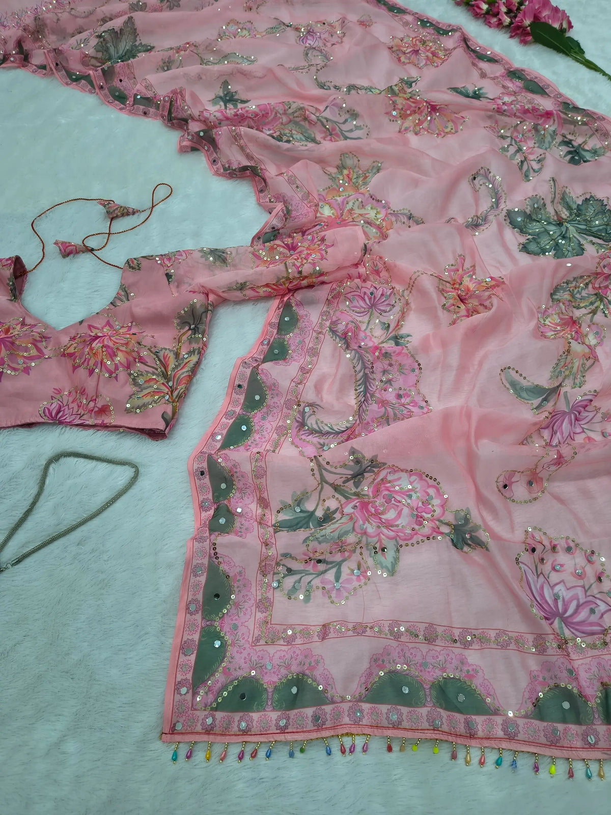 Orgenza Mirror Floral Printed sequence embroidery Saree