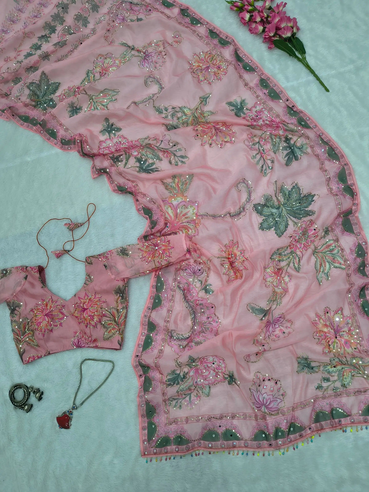 Orgenza Mirror Floral Printed sequence embroidery Saree