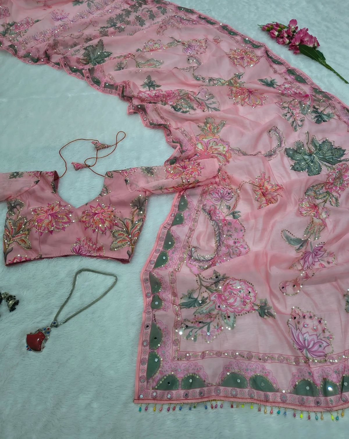 Orgenza Mirror Floral Printed sequence embroidery Saree