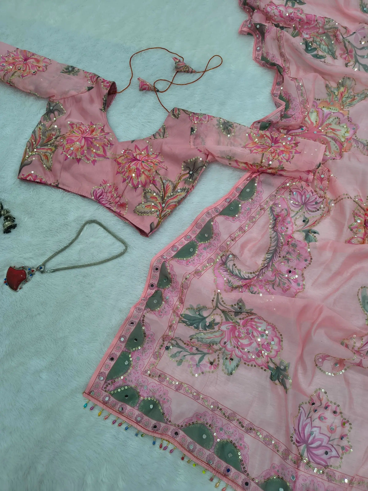 Orgenza Mirror Floral Printed sequence embroidery Saree