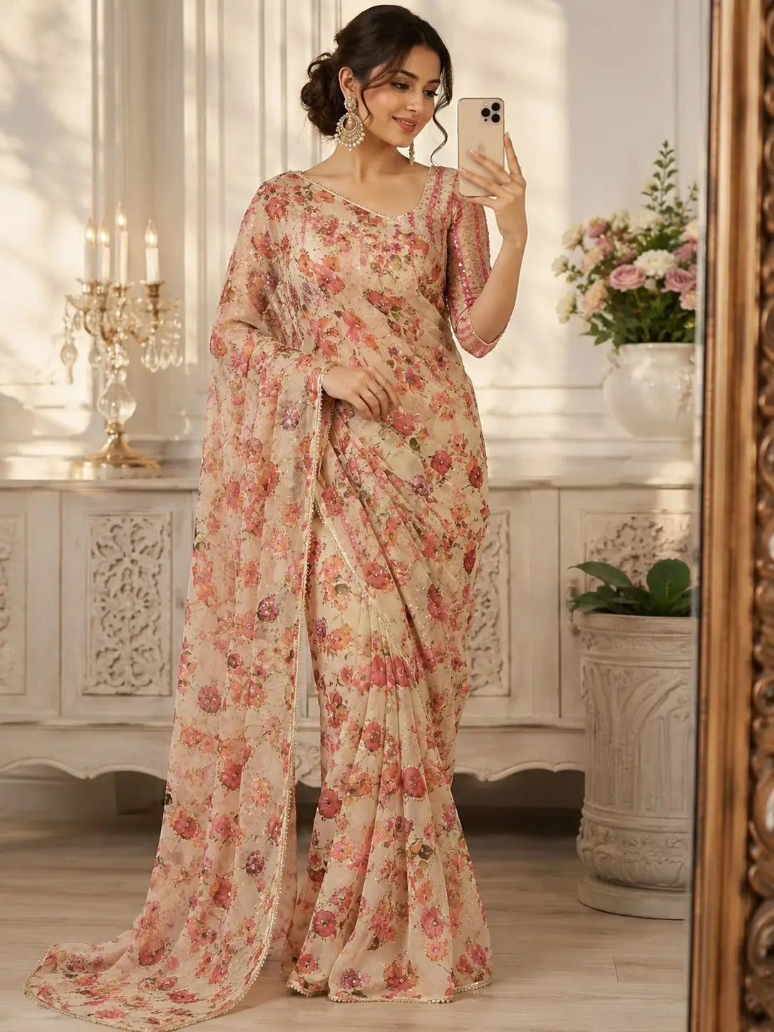 Orgenza Mirror Floral Printed sequence embroidery Saree