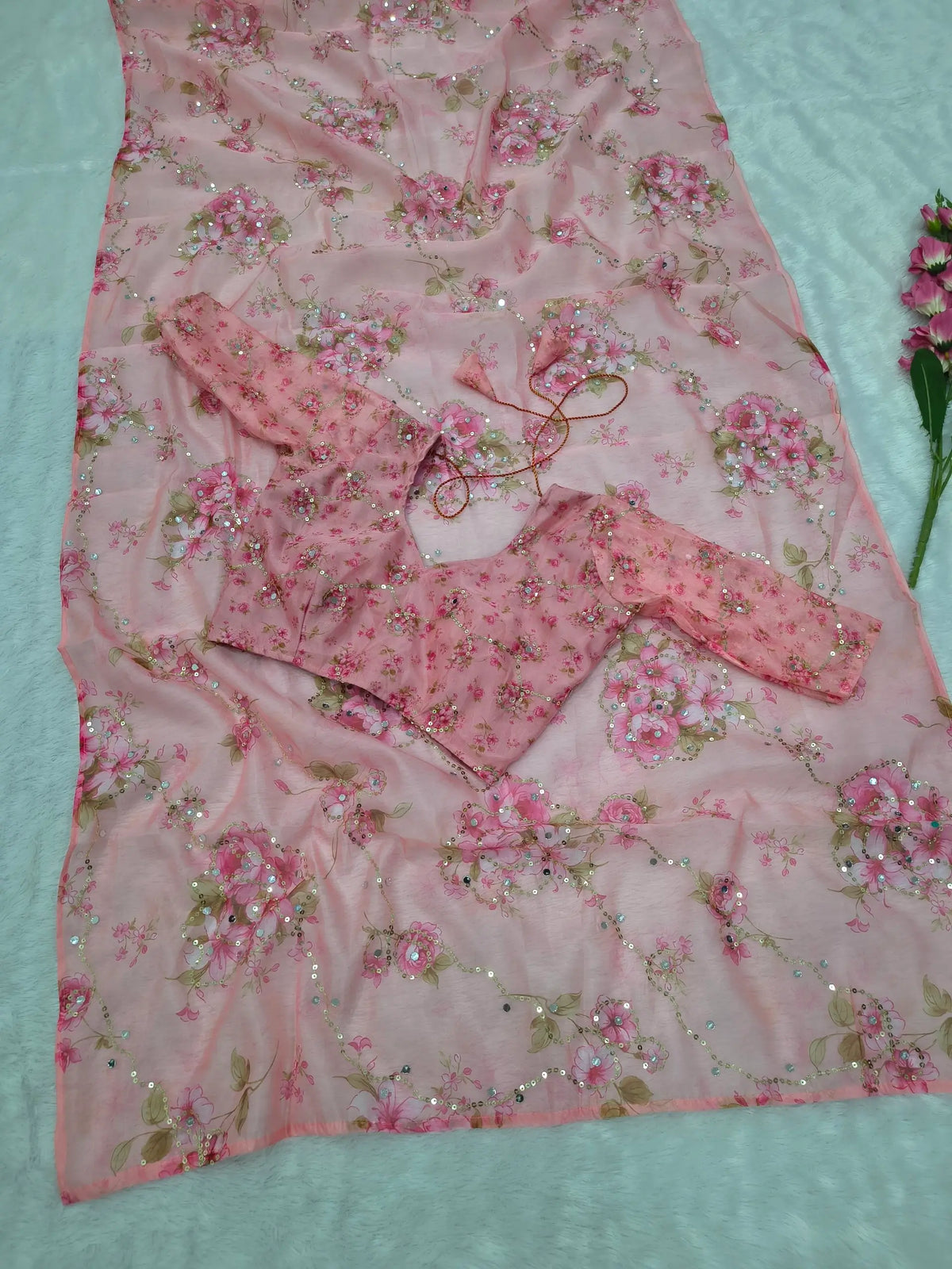 Orgenza Mirror Floral Printed sequence embroidery Saree