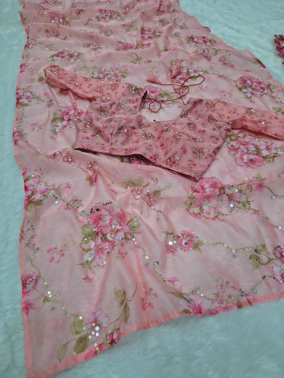 Orgenza Mirror Floral Printed sequence embroidery Saree
