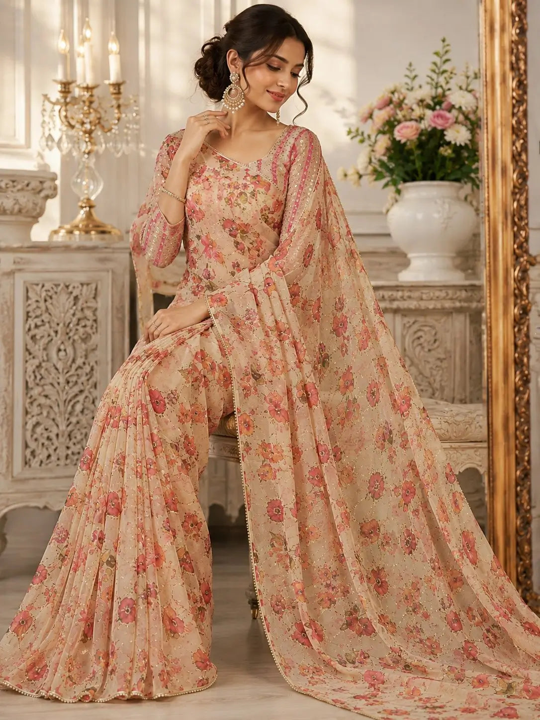 Orgenza Mirror Floral Printed sequence embroidery Saree