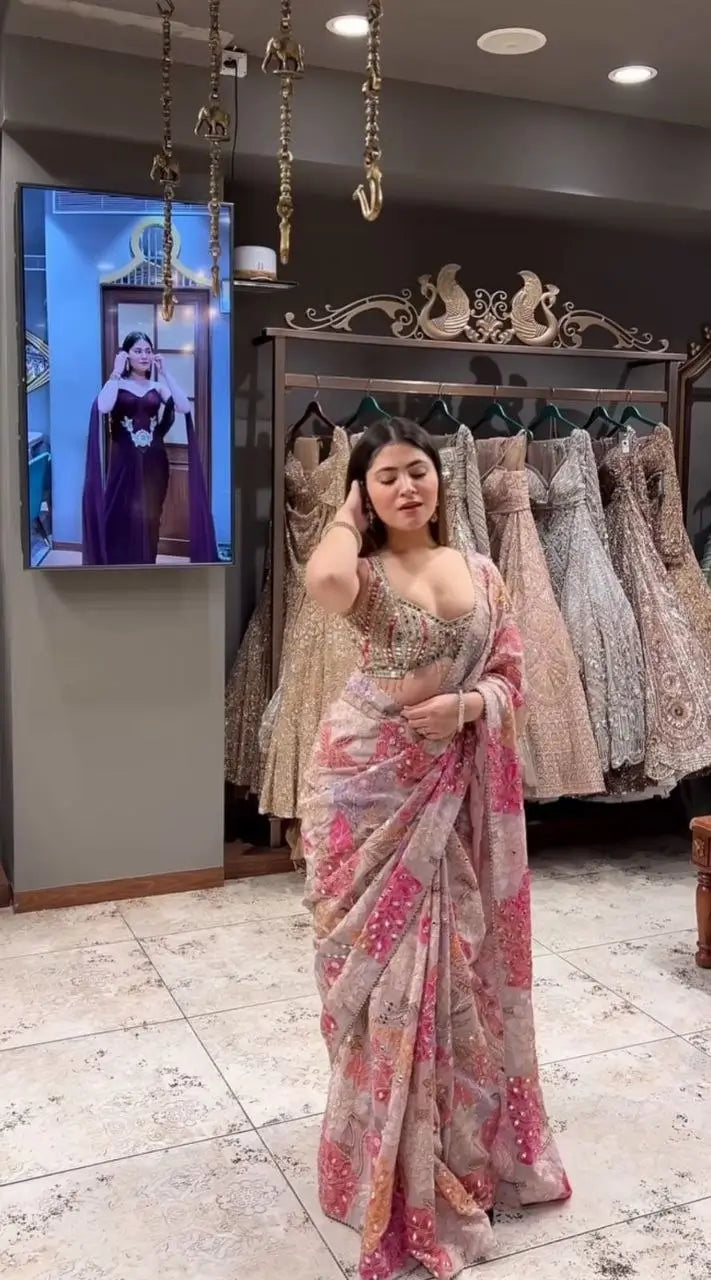 Orgenza Mirror Floral Printed sequence embroidery Saree