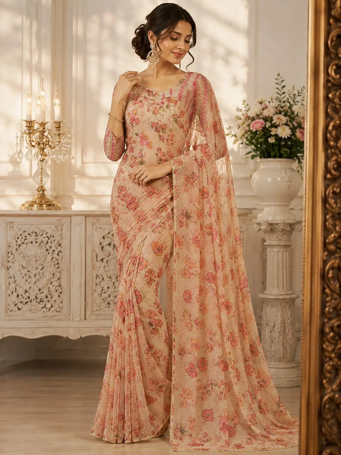 Orgenza Mirror Floral Printed sequence embroidery Saree