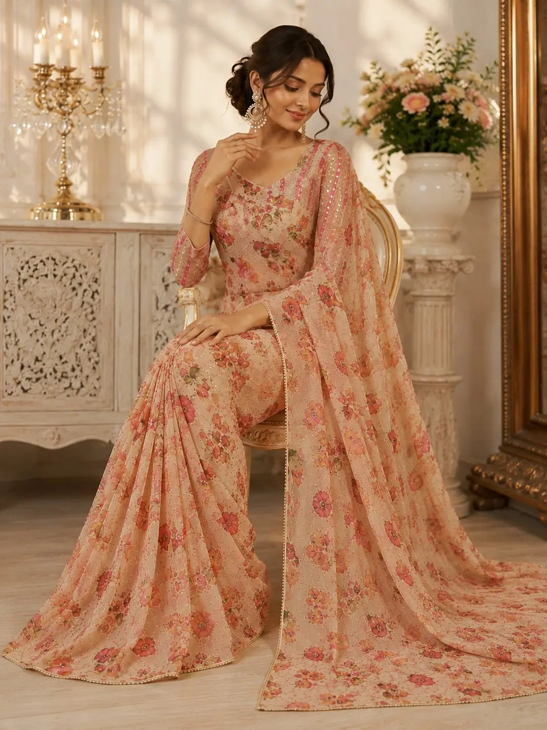 Orgenza Mirror Floral Printed sequence embroidery Saree