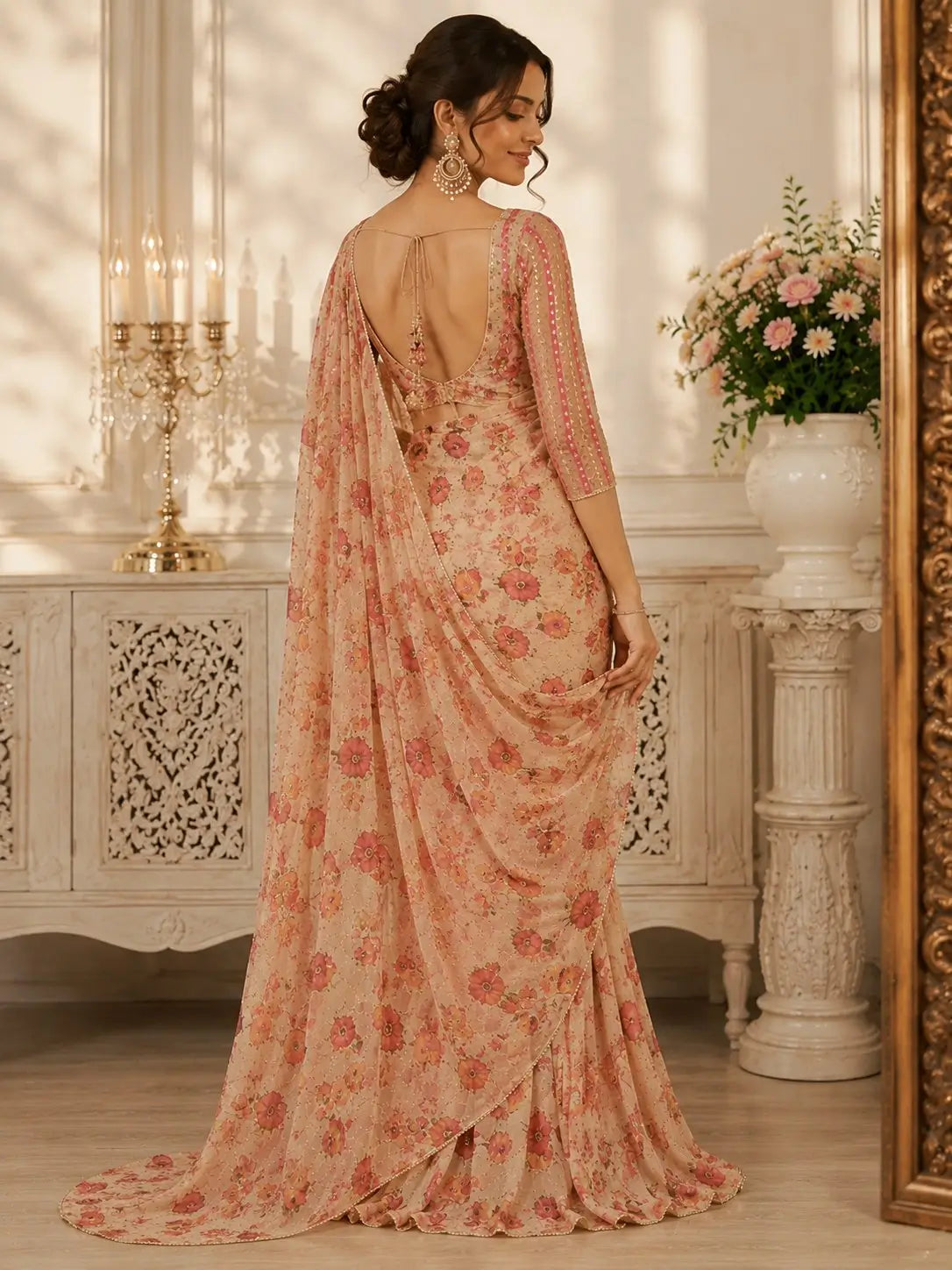 Orgenza Mirror Floral Printed sequence embroidery Saree