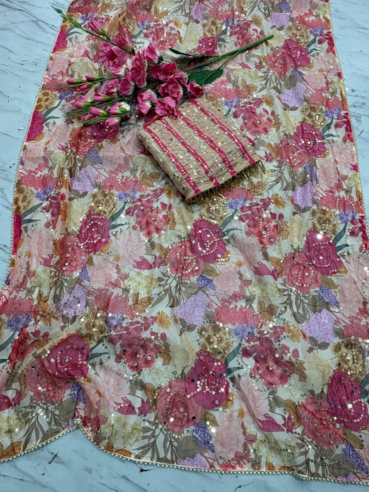 Orgenza Mirror Floral Printed sequence embroidery Saree