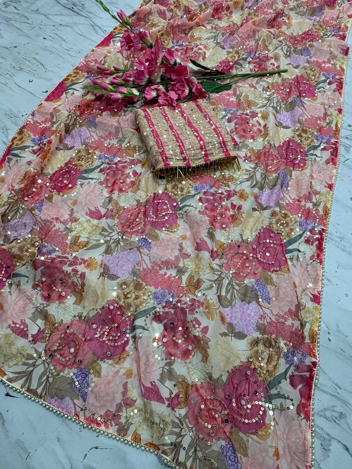 Orgenza Mirror Floral Printed sequence embroidery Saree