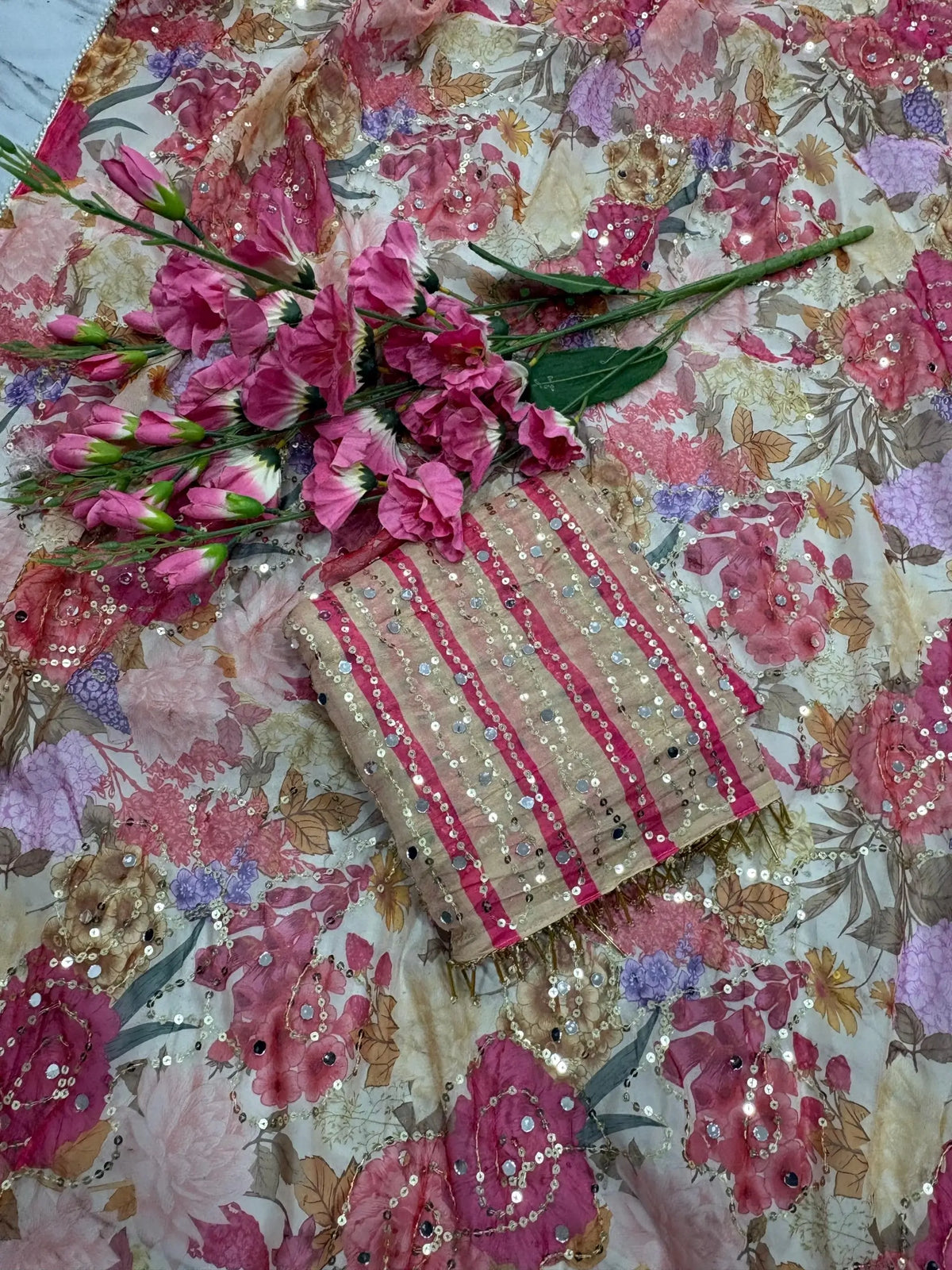 Orgenza Mirror Floral Printed sequence embroidery Saree