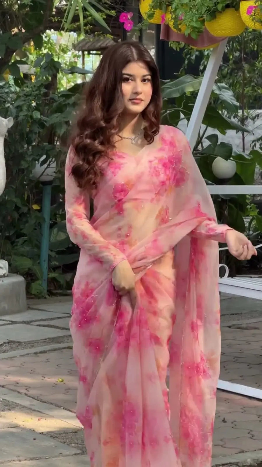 Orgenza Mirror Floral Printed sequence embroidery Saree
